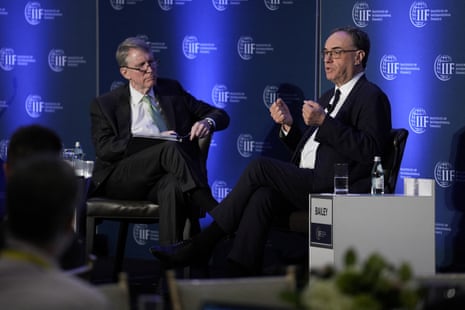 Bank of England Governor Andrew Bailey speaking with Tim Adams, president and CEO of the Institute of International Finance (IIF) Global Outlook Forum on sidelines of the IMF and World Bank’s 2025 annual Spring Meetings in Washington, D.C.