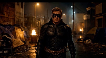 A man dresses up like a superhero in a hellish, apocalyptic cityscape.