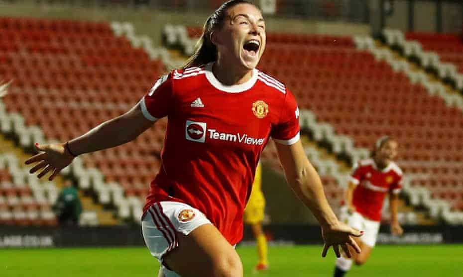 Kirsty Hanson celebrates after giving Manchester United the lead