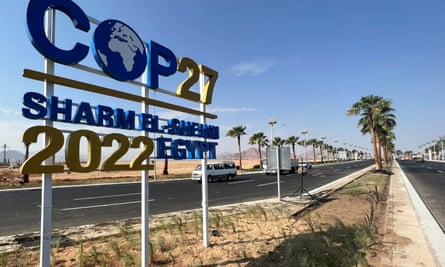 View of a COP27 sign on road lined with palm trees