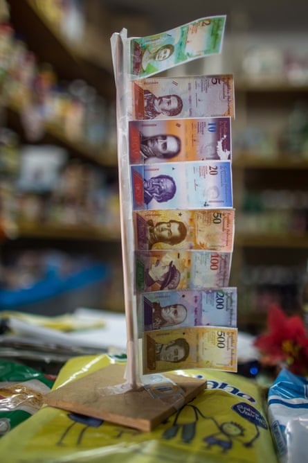 Bill samples of the new ‘sovereign bolívar’ currency in a store in Caracas.