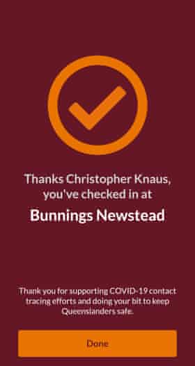 A fake check-in confirmation designed to imitate the official Queensland government app.