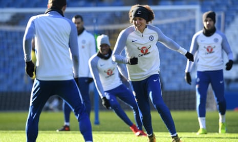 David Luiz trains with Chelsea team-mates at Stamford Bridge ahead of the champions’ visit to West Bromwich Albion on Saturday