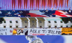 distorted illustration of covid vaccine, protests, and white house