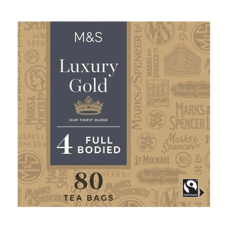 The front of a box of a brand of teabag called M&S Fairtrade Luxury Gold teabags