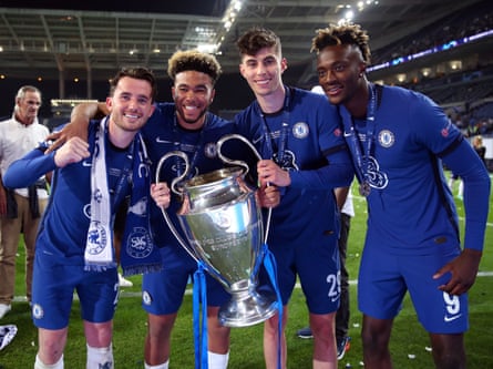 Ben Chilwell, Reece James, Kai Havertz and Tammy Abraham with the Champions League trophy in 2021