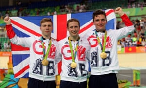 Philip Hindes, Jason Kenny and Callum Skinner with their gold medals following the Rio 2016 men’s team sprint final.