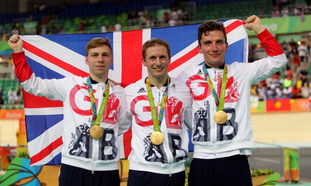 Philip Hindes, Jason Kenny and Callum Skinner with their gold medals following the Rio 2016 men’s team sprint final.