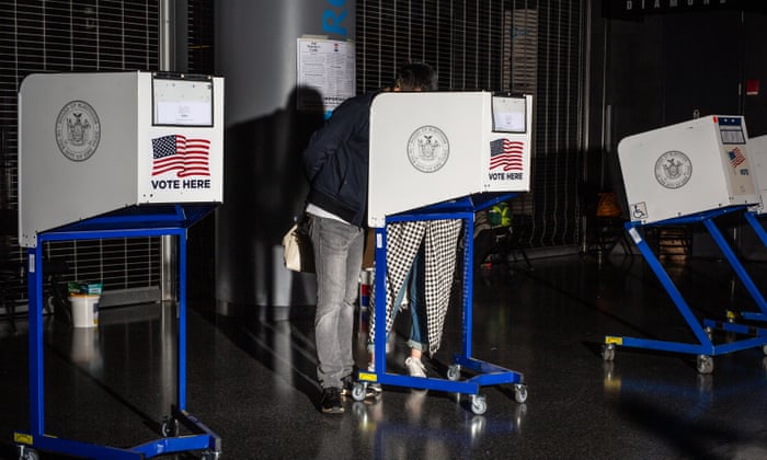 A couple place their vote at Barclays Center in Brooklyn, New York.