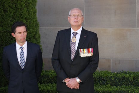 Simon Birmingham and Jim Molan standing next to each other. Molan is wearing his military medals