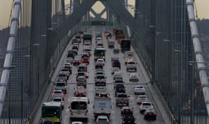 Vehicles head west on Interstate 80 crossing the San Francisco-Oakland Bay Bridge.
