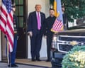 Donald Trump and Volodymyr Zelenskyy stand next to each other outside the White House