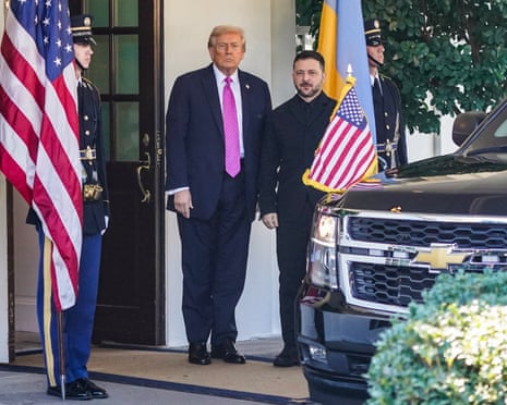 Donald Trump and Volodymyr Zelenskyy stand next to each other outside the White House