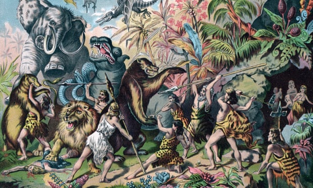Chromolithograph illustration of a tribe of prehistoric ‘cavemen’ battling ferocious animals, 1906. 