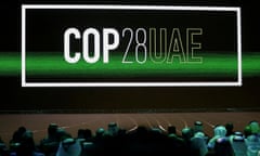Cop28 UAE logo on the screen during the opening ceremony of Abu Dhabi sustainability week in January 2023