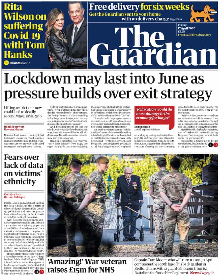 Guardian front page, Friday 17 April 2020