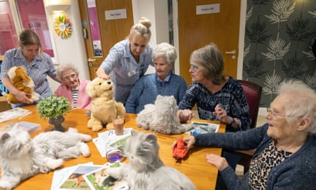 Residents interact with robot cats, dogs and birds at Oak Manor care home