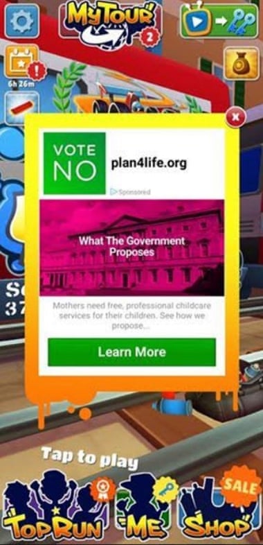 A ‘vote no’ ad appears on a mobile game.