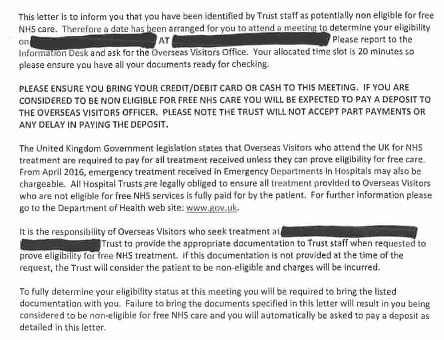 An extract from a letter sent out by the NHS.