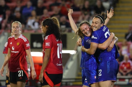 Chelsea celebrate after scoring in their WSL win at Manchester United.