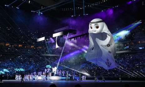 The ghost-like mascot La'eeb looms over the opening ceremony at the Al Bayt Stadium in Al Khor.