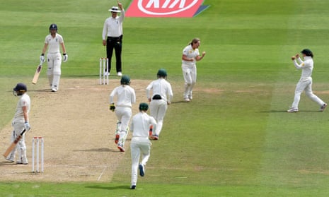  Sophie Molineux of Australia celebrates taking the wicket of Heather Knight of England.