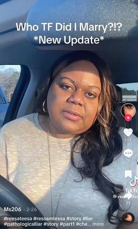 A screenshot of a woman’s video with the words ‘Who TF Did I Marry?!?’ written in white font. Under it are the words ‘*New Update*’