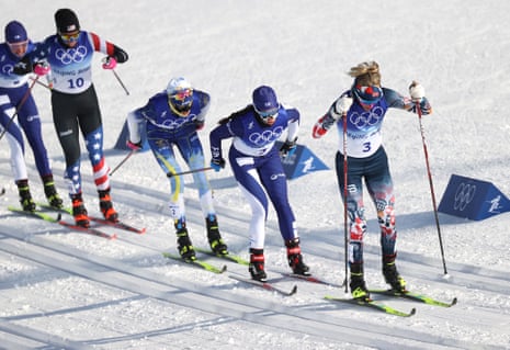 Therese Johaug of Norway leads the way in the Women’s 7.5km+7.5km Skiathlon.