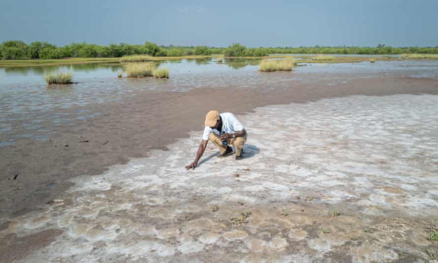 A farmer,on an expanse of salt