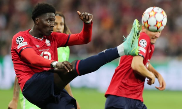 Amadou Onana in action for Lille against Wolfsburg in the Champions League last season.
