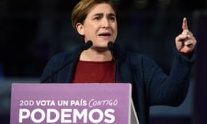 Barcelona’s mayor Ada Colau speaks during a campaign meeting of leftwing party Podemos in Madrid on 13 December.