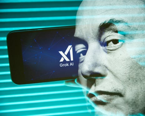 Double exposure photograph of a portrait of Elon Musk and a hand holding a smartphone displaying the Grok logo
