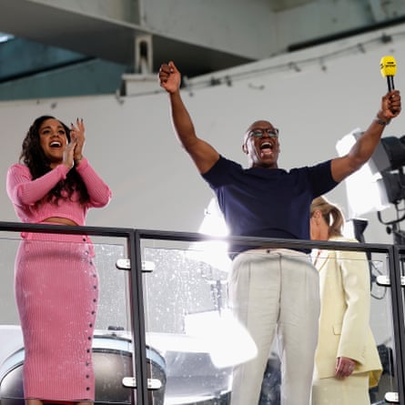 Former Arsenal and England players Alex Scott (left) and Ian Wright celebrate after England scored their sixth goal.