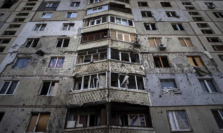 An apartment building damaged by a Russian attack in Saltivka district in Kharkiv.