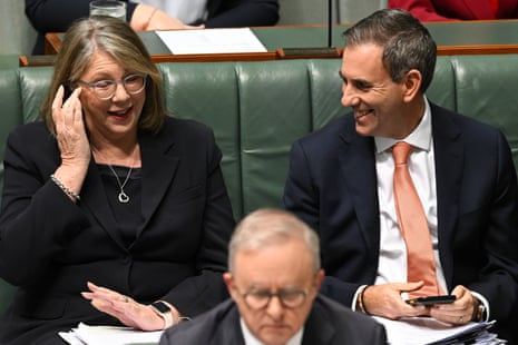 Jim Chalmers shares a laugh with infrastructure minister, Catherine King.