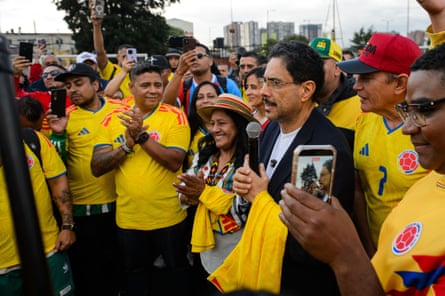 Iván Cepeda and his running mate, Aida Quilcué, and supporters during the presidential runoffs in Bogotá.