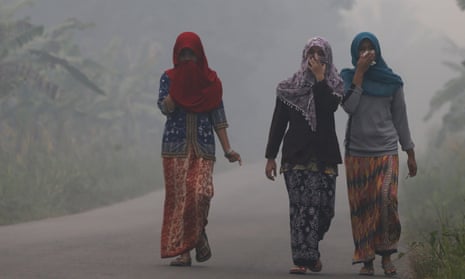 Villagers shrouded by haze on the Indonesian island of Sumatra