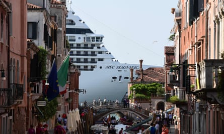 A cruise ship seen from one of the canals leading into the Venice Lagoon in June, 2019.