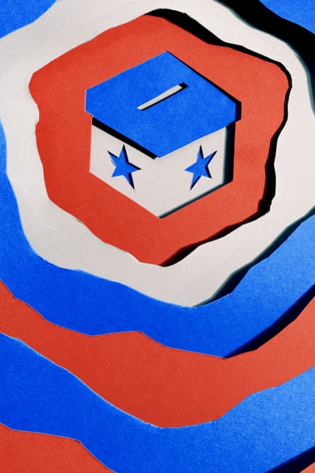 Red, white and blue layered paper cutout of a ballot box