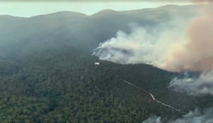 A plane flies over a burning Fraser Island.