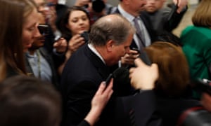 Alabama Senator Doug Jones was surrounded by reporters in the Senate subway.