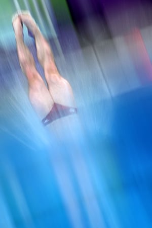 England’s Jack Laugher on his way to winning gold in the men’s 1m springboard diving final.