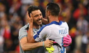 Pellè celebrates with Buffon after Italy’s win.