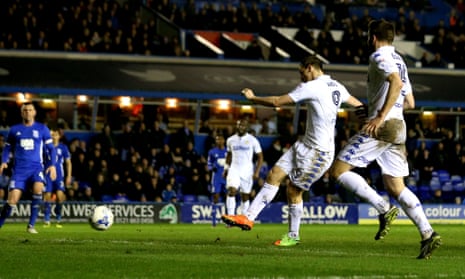 Chris Wood scores his second goal to put Leeds 2-1 in front against Birmingham.