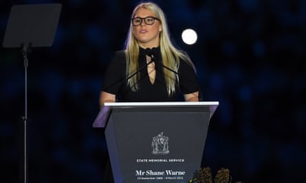 Brooke Warne, daughter of Shane Warne, speaks during the state memorial service for the Australian cricket legend at the MCG on 30 March 2022.