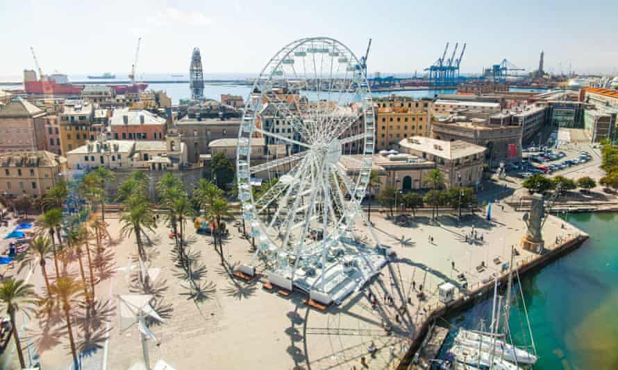 Aerial view of the Genoa ferris wheel at the marina in the the old port district.