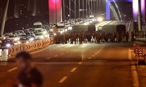 Turkish soldiers block Istanbul’s Bosphorus Bridge.