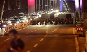 Turkish soldiers block Istanbul’s Bosphorus Bridge in Istanbul.