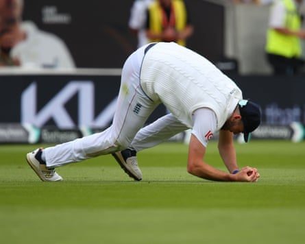 England’s Jamie Overton makes a catch to dismiss Yashasvi Jaiswal.