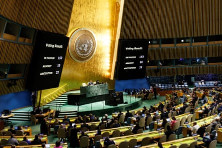 The results of a vote on a draft resolution calling for an immediate ceasefire in Gaza are seen on a screen at the UN general assembly in December.